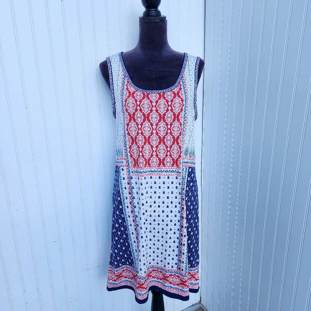 MAX STUDIO Women’s SHIFT DRESS Stretch SLEEVELESS BLUE RED White KEYHOLE Sz L